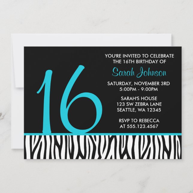 Invitación Verde azulada y negra cebra dulce 16 número cumple (Anverso)