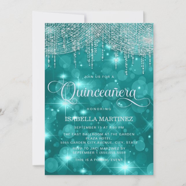 Invitación Verde azuladas cadenas turquesas iluminan la Quinc (Anverso)