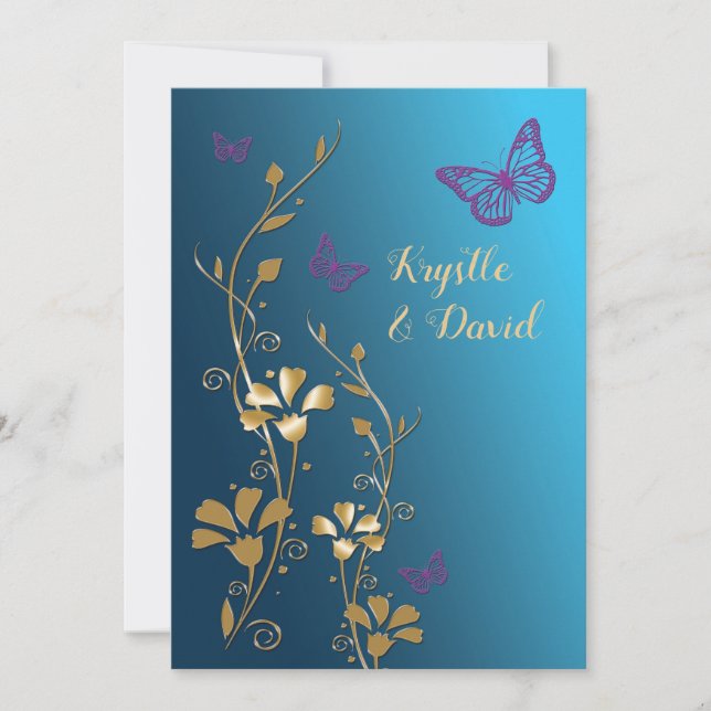 Invitación Verde azuladas, doradas, moradas y mariposas invit (Anverso)