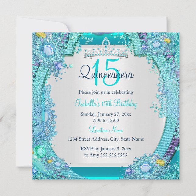 Invitación Verde azuladas gemas del océano azul Quinceanera f (Anverso)
