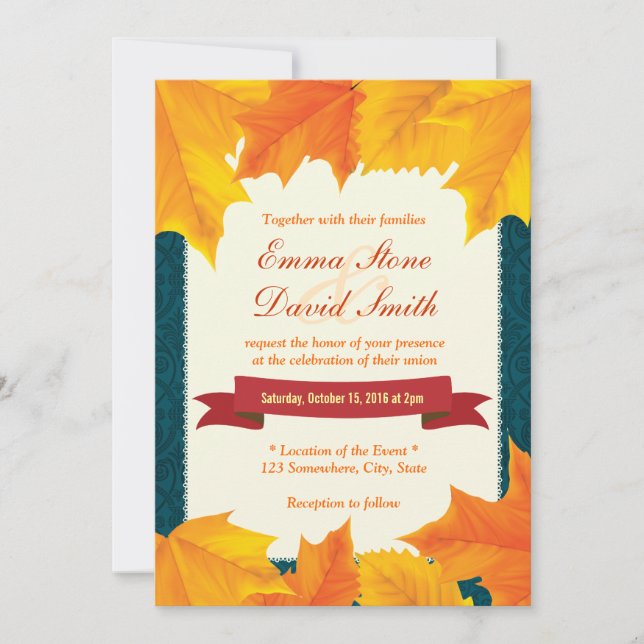 Invitación Verde azuladas hojas de oro de Damasco invitacione (Anverso)
