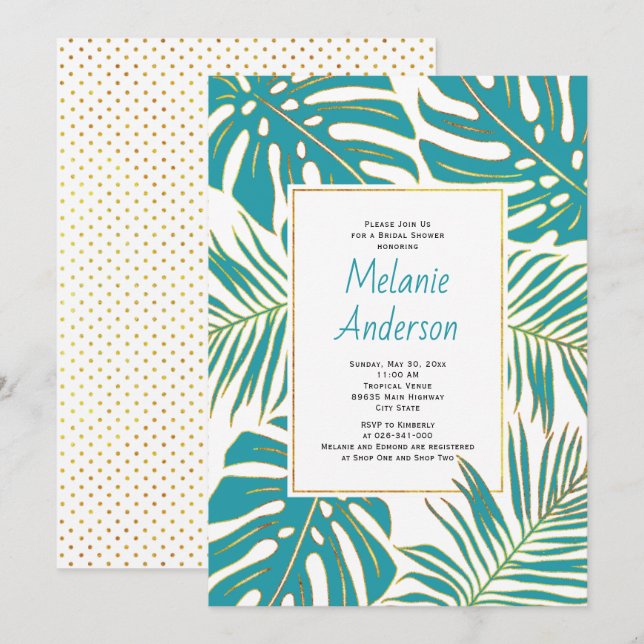 Invitación Verde azuladas hojas tropicales boda ducha de novi (Anverso / Reverso)