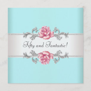 Invitación Verde azuladas rosas azules mujeres 50 cumpleaños 