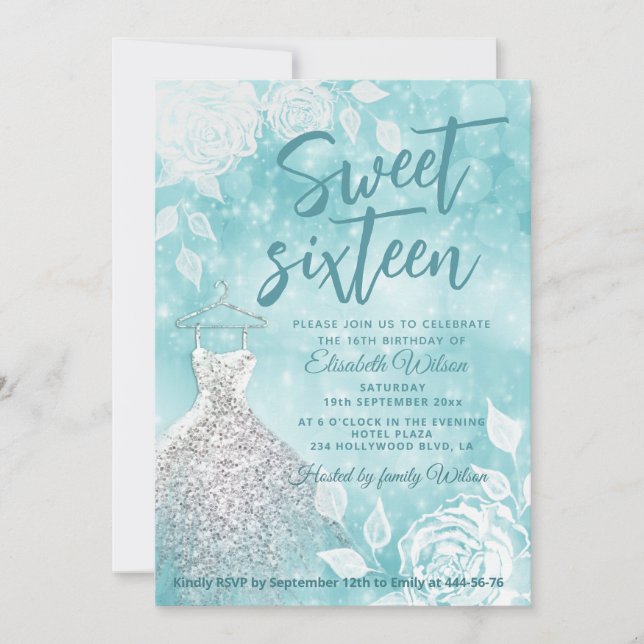 Invitación Verde azulado Adorable bokekek rosas blancas dulce (Anverso)