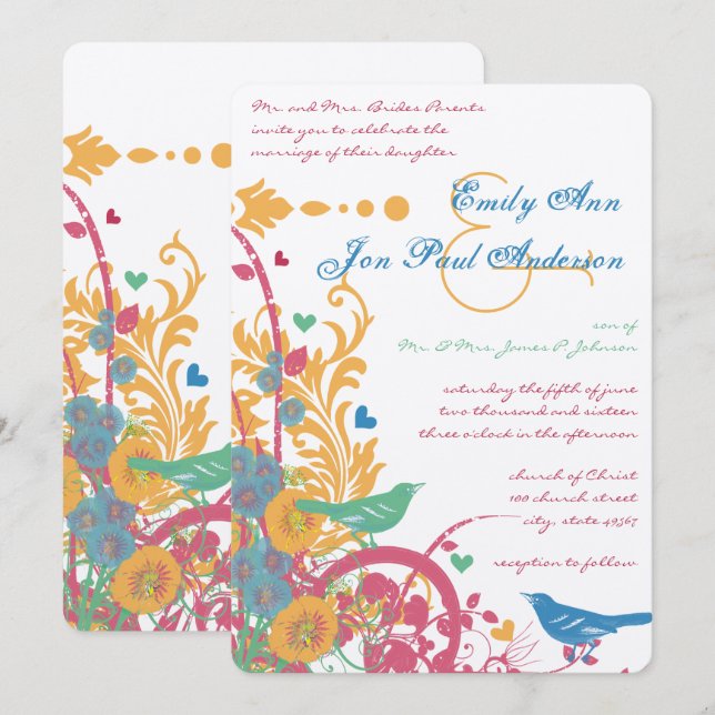 Invitación Verde azulado Aqua Beeswax Raspberry Green Lovebir (Anverso / Reverso)
