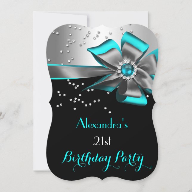 Invitación Verde azulado Aqua Black Silver Bow Pearl Birthday (Anverso)