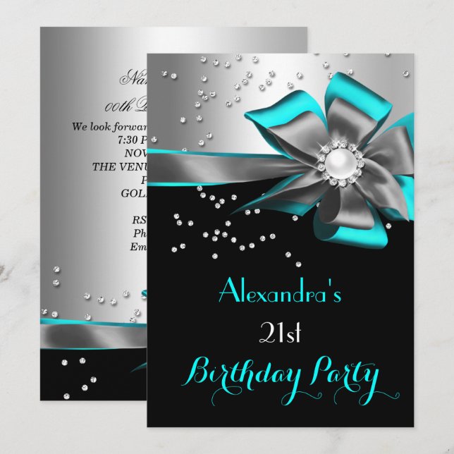 Invitación Verde azulado Aqua Black Silver Bow Pearl Birthday (Anverso / Reverso)