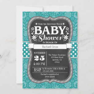 Invitación Verde azulado Aqua Blue Chalkboard Floral Baby Sho