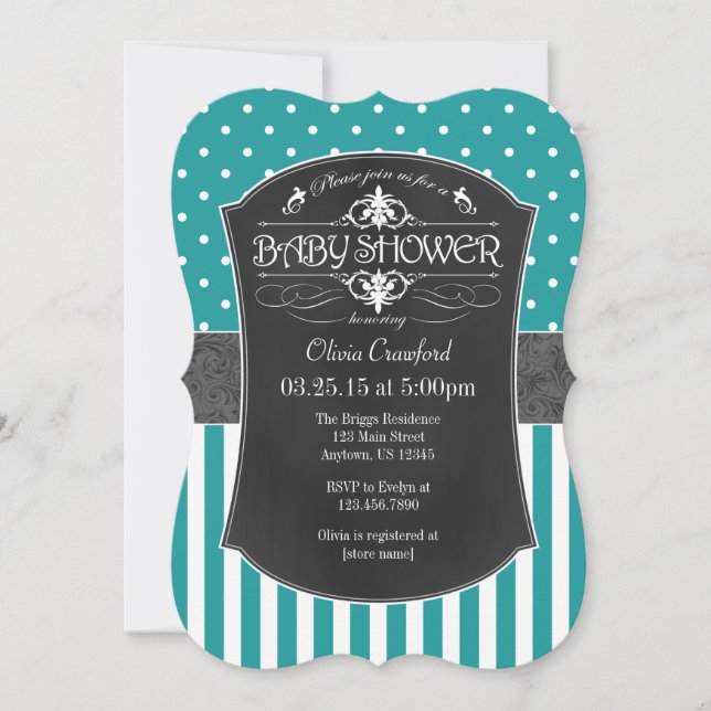 Invitación Verde azulado Aqua Blue Chalkboard Stripes Baby Sh (Anverso)