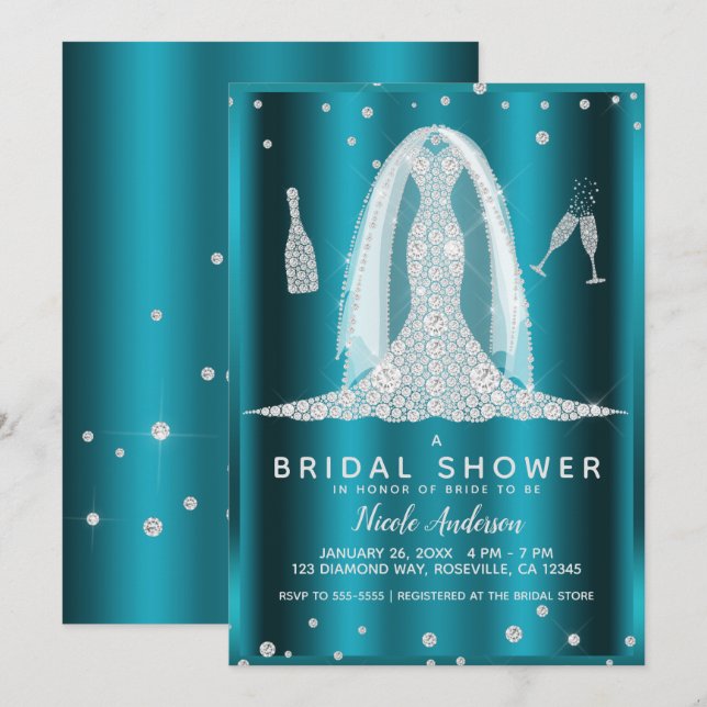 Invitación Verde azulado Aqua Glam Diamond Boda Vestido Ducha (Anverso / Reverso)