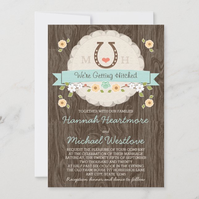 Invitación Verde azulado Aqua Horseshoe Corazón Boda Occident (Anverso)