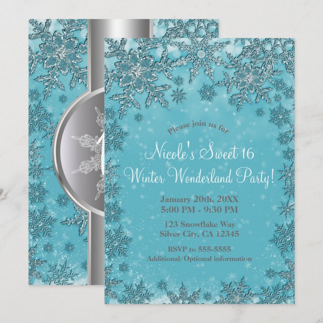 Invitación Verde azulado Aqua Snowflakes Winter Wonderland Fi (Anverso / Reverso)