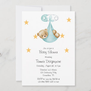 Invitación Verde azulado Aqua Teddy Bear Diaper Gingham Perso