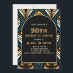 Invitación Verde azulado Arco Art Decó Amarillo Negro 90 cump<br><div class="desc">Invitación a la fiesta de cumpleaños 90 para mujeres diseñada con un diseño elegante de estilo Art Deco verde azulado, amarillo y negro. Personalice agregando el nombre de la invitada de honor, su edad y la información de su fiesta. Póngase en contacto con nosotros para obtener ayuda sobre la personalización...</div>
