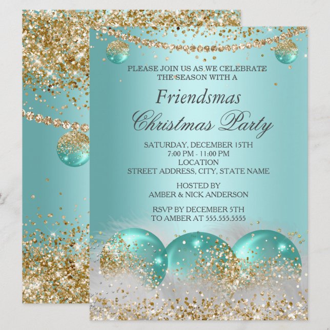 Invitación Verde azulado azul Gold Baubles Friendsmas Navidad (Anverso / Reverso)