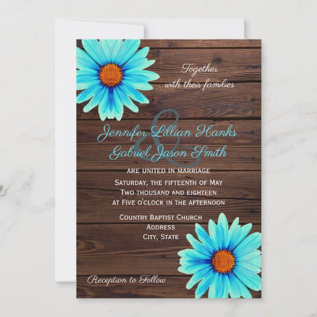 Invitación Verde azulado azul turquesa floral, rústico boda d (Anverso)