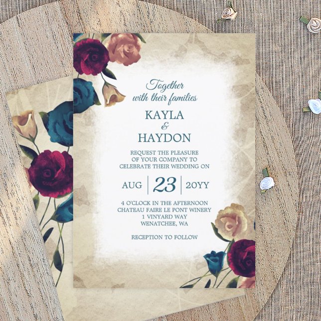 Invitación Verde azulado, beige de Borgoña Rosa de boda en el (vintage rose garden wedding invitation, teal burgundy beige roses botanical wedding invitation)