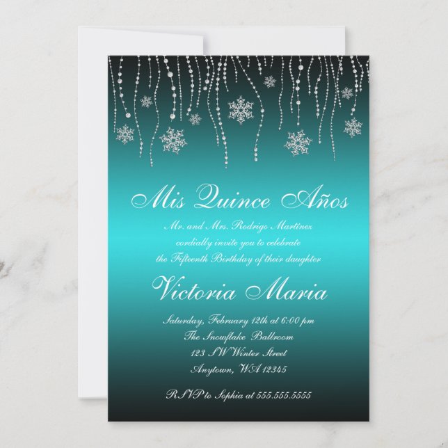 Invitación Verde azulado Black Snowflakes Quinceanera Birday  (Anverso)