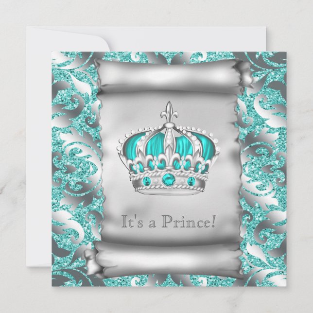 Invitación Verde azulado Blue and Silver Prince Boy Baby Show (Anverso)