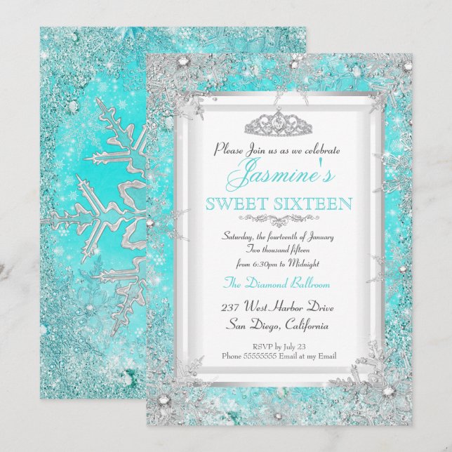 Invitación Verde azulado Blue Aqua Silver Winter Wonderland S (Anverso / Reverso)