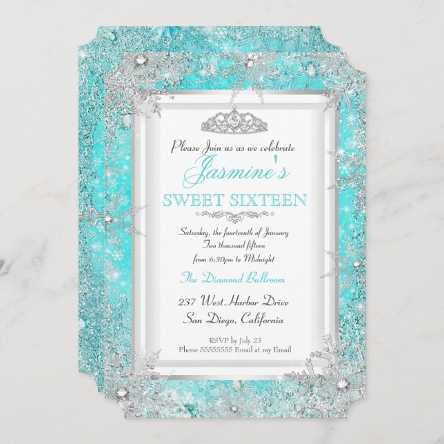 Invitación Verde azulado Blue Aqua Silver Winter Wonderland S (Anverso / Reverso)