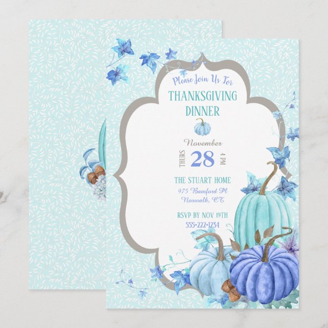 Invitación Verde azulado Blue Aqua Taupe Pumpkin Acción de Gr (Anverso / Reverso)