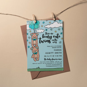 Invitación Verde azulado Blue Beary Cute Twin Boys Baby Showe