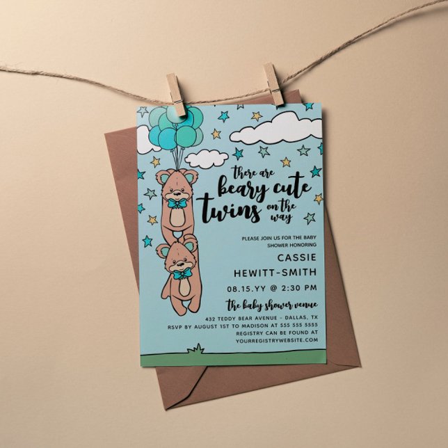 Invitación Verde azulado Blue Beary Cute Twin Boys Baby Showe (Subido por el creador)