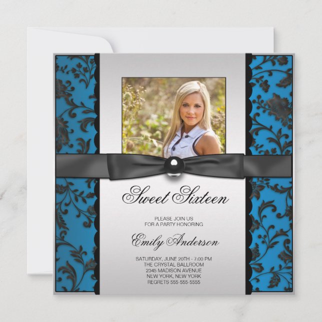 Invitación Verde azulado Blue Black Damask Photo Sweet 16 Fie (Anverso)