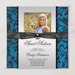 Invitación Verde azulado Blue Black Damask Photo Sweet 16 Fie