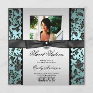 Invitación Verde azulado Blue Black Damask Photo Sweet 16 Fie