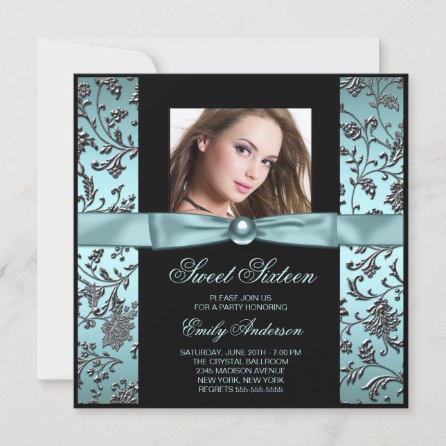 Invitación Verde azulado Blue Black Damask Photo Sweet 16 Fie (Anverso)