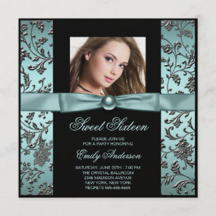 Invitación Verde azulado Blue Black Damask Photo Sweet 16 Fie