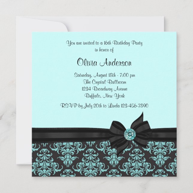 Invitación Verde azulado Blue Black Damask Sweet 16 Fiesta (Anverso)