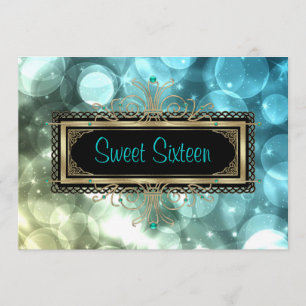 Invitación Verde azulado Blue Black Gold Sweet Dieciséis cump