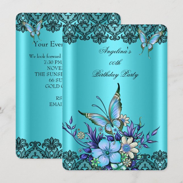 Invitación Verde azulado Blue Butterfly Floral Black Lace Cum (Anverso / Reverso)
