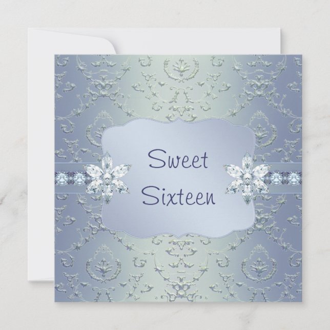 Invitación Verde azulado Blue Damask Shimmer Sweet Dieciséis  (Anverso)