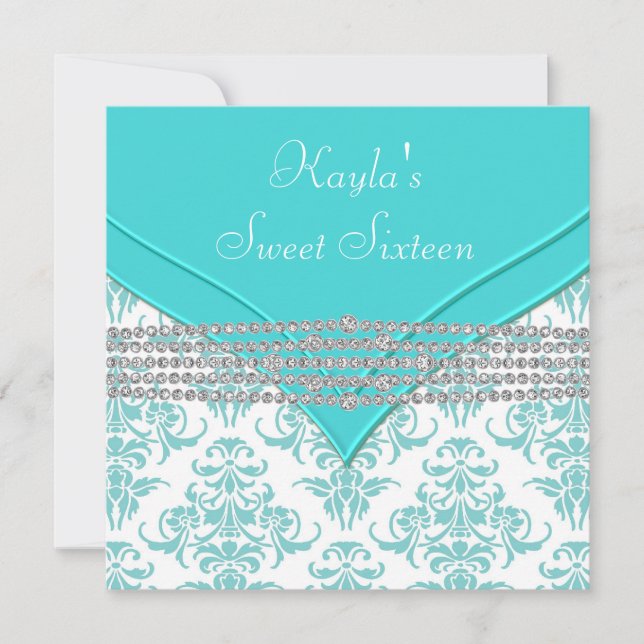 Invitación Verde azulado Blue Damask Sweet 16 Fiesta (Anverso)