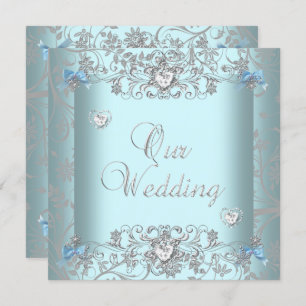 Invitación Verde azulado Blue Damask Wedding Silver Diamond H