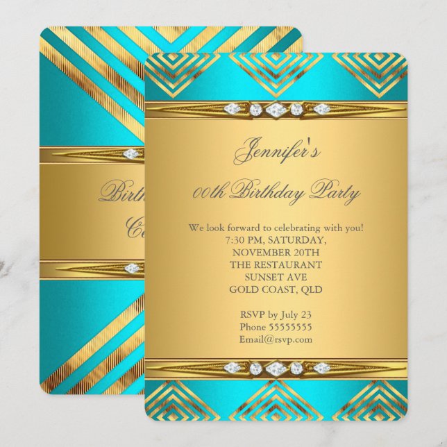 Invitación Verde azulado Blue Decpe Stripe Gold Diamond Fiest (Anverso / Reverso)