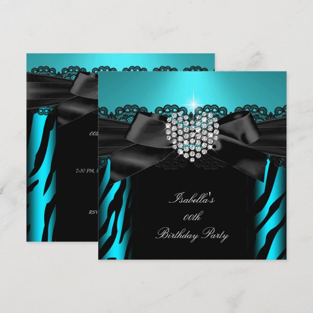 Invitación Verde azulado Blue Diamond Heart Zebra Birthday Pa (Anverso / Reverso)