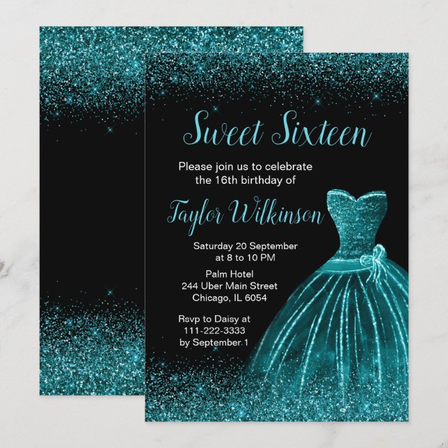 Invitación Verde azulado Blue Dress Faux Purpurina Sweet 16 C (Anverso / Reverso)
