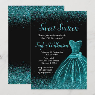 Invitación Verde azulado Blue Dress Faux Purpurina Sweet 16 C
