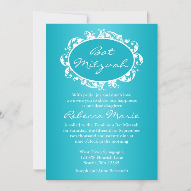 Invitación Verde azulado Blue Flouril Swirl Frame Bat Mitzvah (Anverso)