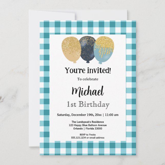 Invitación Verde azulado Blue Gingham, Fiesta Balón Primer Cu (Anverso)