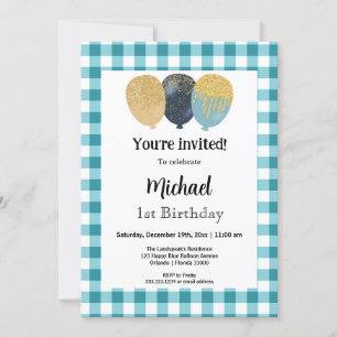 Invitación Verde azulado Blue Gingham, Fiesta Balón Primer Cu
