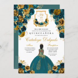 Invitación Verde azulado Blue & Gold Floral Elegante Quinceañ