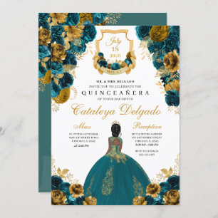 Invitación Verde azulado Blue & Gold Floral Elegante Quinceañ