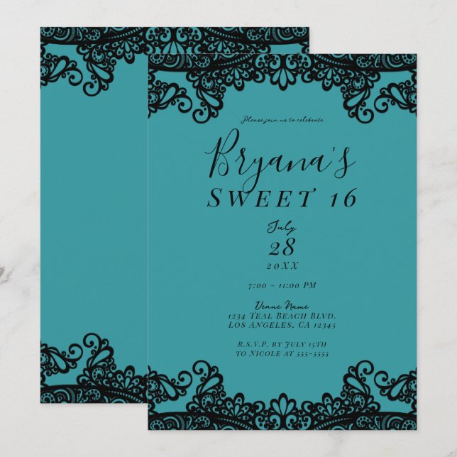 Invitación Verde azulado Blue Green Black Lace Sweet 16 Fiest (Anverso / Reverso)