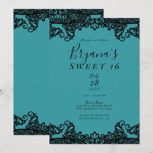 Invitación Verde azulado Blue Green Black Lace Sweet 16 Fiest